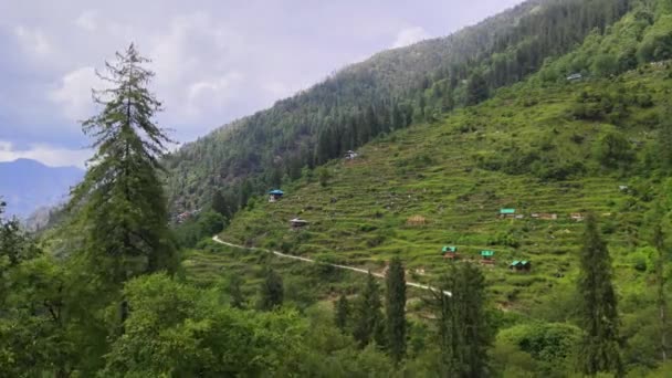 Drone Tiro Uma Pequena Aldeia Vale Sainj Himachal Pradesh Perto — Vídeo de Stock