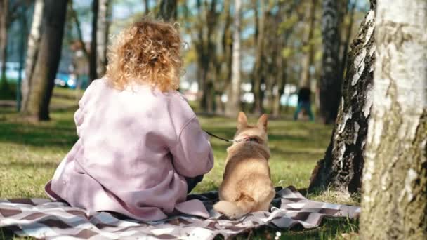 Baksidan Vit Kvinna Med Walesiska Corgi Dog Sitter Mattan Parken — Stockvideo