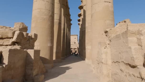 Opwaarts Panning Shot Onthullend Volledige Hoogte Van Pilaren Kolommen Luxor — Stockvideo