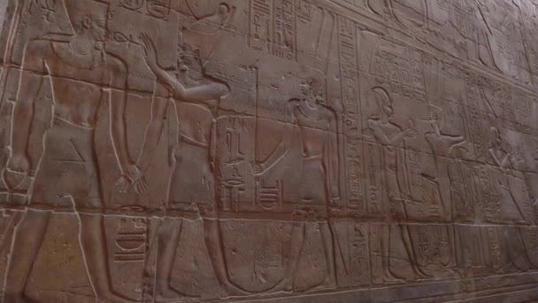 エジプトのルクソール神殿の壁に刻まれた象形文字のクローズアップ — ストック動画
