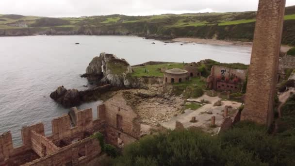 Porth Wen Aerial View Abandoned Victorian Industrial Brickwork Factory Remains — Stock Video