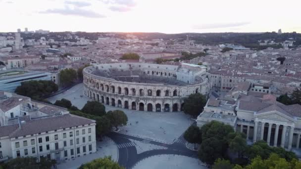 Aerial Circling Arena Nimes Sunset Nimes France — Stock Video