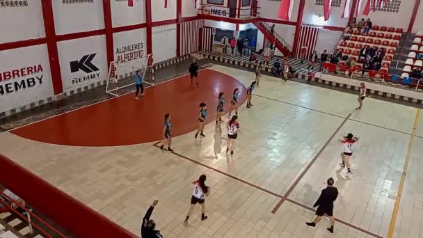 Tiro Fixo Jovens Meninas Equipe Jogando Handebol Match Belo Tribunal — Vídeo de Stock