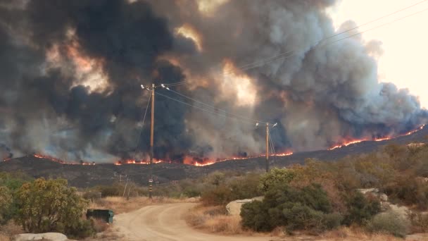 Панорама Съемка Горящего Лесного Пожара Темным Дымом Калифорнии Время Высоких — стоковое видео