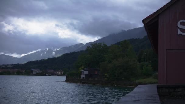 Arth Switzerland Lake Early Morning Mountain Boat Dock Village — 图库视频影像