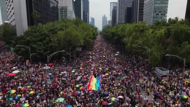 在阳光普照的墨西哥城 空中观看人们挥舞着彩虹旗在同志的骄傲行军 无人驾驶飞机射击 — 图库视频影像