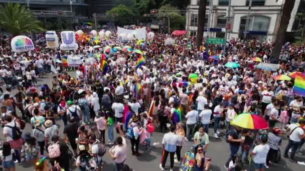 プライド パレードで人権を祝う人々の上に空中クローズアップ — ストック動画