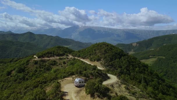 Drone Footage Camper Van Windy Dirt Road Top Mountains Permet — Stock Video