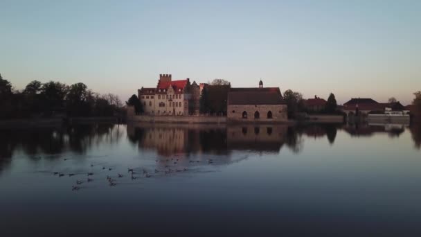 Aerial Approaching Wasserburg Moated Water Castle Flechtingen Germany Beautiful Reflection — Stock Video