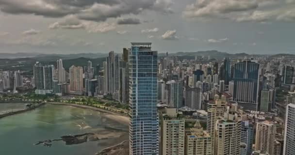 Panama City Aerial Panoramic View Capturing Oceanfront Cityscape Marbella Punta — Stock Video