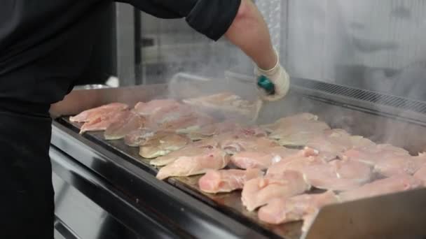 Chef Flipping Chicken Breasts Hot Grill — Stock Video