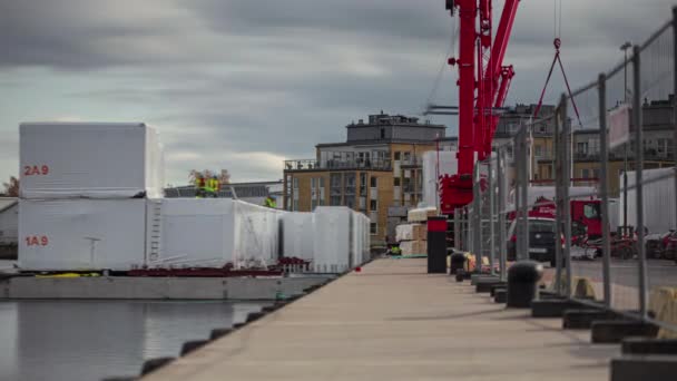 Laaghoektijd Van Kraanschepen Die Containers Laden Een Schip Een Industriële — Stockvideo