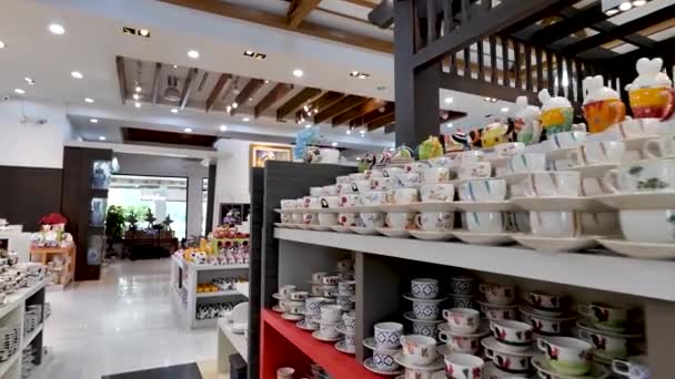 Čisté Uklizené Asijské Keramické Nádobí Shop Displej Různé Druhy Barevné — Stock video