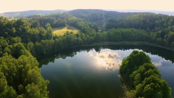 Vista Aérea Hermoso Lago Polaco Rodeado Exuberante Bosque Con Sol — Vídeo de stock
