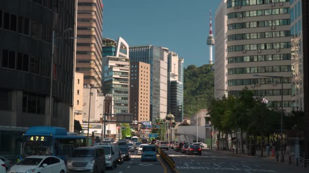 Uitzicht Seoul Namsan Tower Van Het Centrum Van Stad Straten — Stockvideo