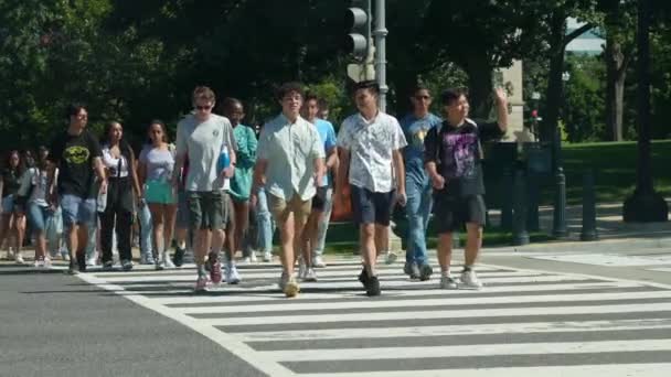 Grande Grupo Estudantes Cruzando Rua Passarela Multidão Pessoas Caminhando Perto — Vídeo de Stock