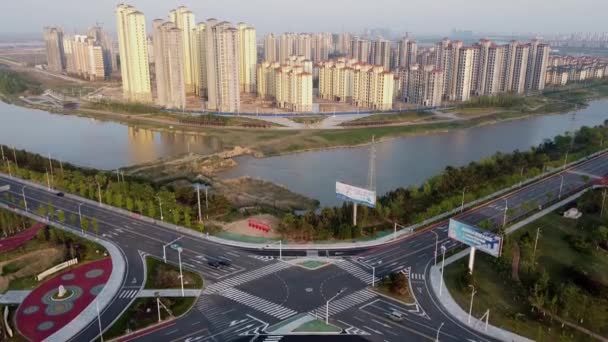 Вид Воздуха Пересечение Шоссе Наньхае Новый Район Провинция Шаньдун Китай — стоковое видео