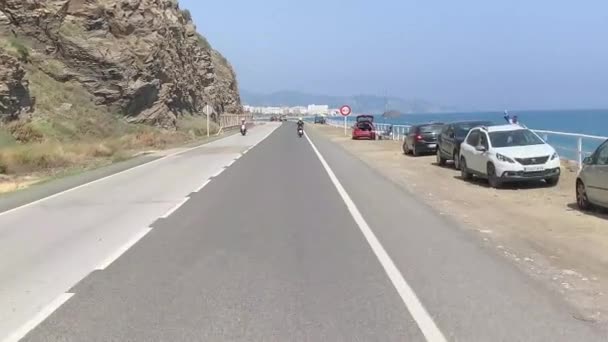 View Coastal Road Nerja Front Window Local Bus Many Cars — Stock Video