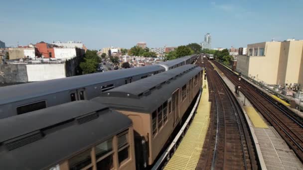 Luchtfoto Van Verhoogde Sporen Met Een Historische Trein Die Ver — Stockvideo