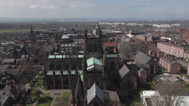 Vista Aérea Ascendente Catedral Gótica Chester Iglesia Inglaterra — Vídeo de stock