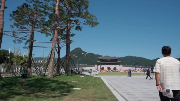 Koreanska Turister Strosar Runt Gwanghwamun Plaza Urbana Landskapet Gwanghwamun Gate — Stockvideo