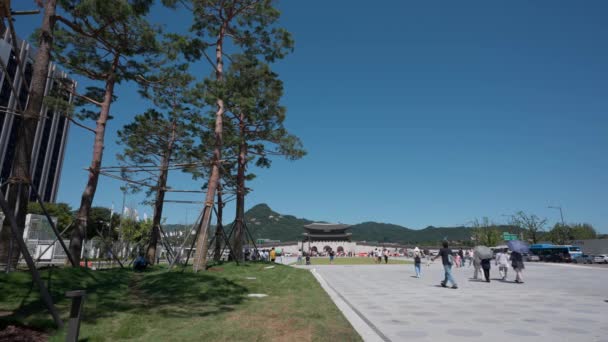 Turisté Poznávací Soulu Gwanghwamun Plaza Vzdáleným Výhledem Turisty Kráčející Gwanghwamun — Stock video