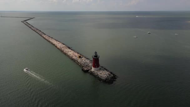 Aerial View Delaware Breakwater East End Lighthouse Beautiful Day Drone — Stock Video
