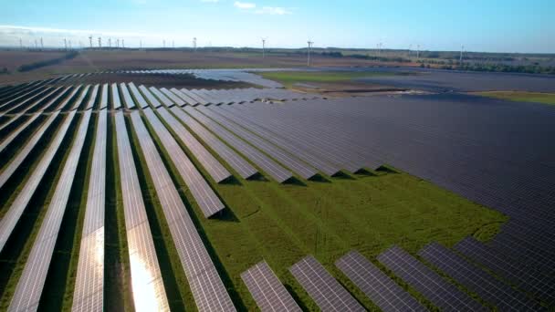 Widok Powietrza Ogromne Panele Farmy Słonecznej Turbinami Wiatrowymi Tle — Wideo stockowe
