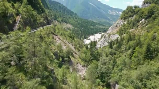 Video Drone Che Sorvola Ponte Stradale Foresta Montagna Scoprire Valle — Video Stock