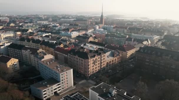 Aerial Footage Nordic City Centre Helsinki Finland Foggy Day Drone — Stock Video