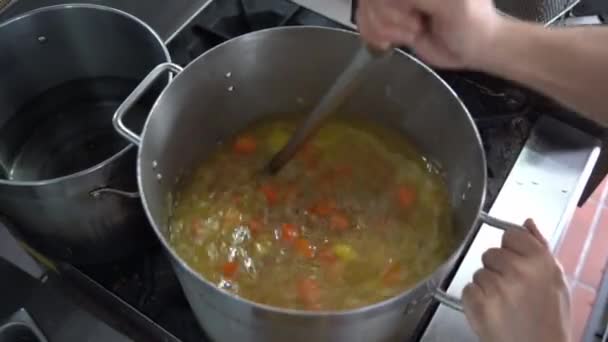 Overhead Close Shot Huge Stock Pot Japanese Curry Sauce Preparation — Stock Video