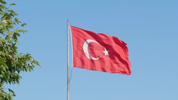 Türkische Flagge Vor Blauem Himmel Grüne Blätter Vor Slomo — Stockvideo