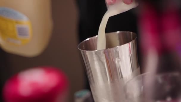 调酒师将果汁倒入摇瓶中 制成鸡尾酒 慢动作4K — 图库视频影像