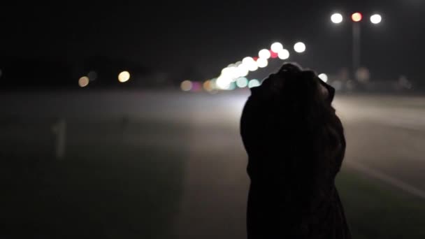Νεαρή Γυναίκα Περπατούσε Στους Δρόμους Νύχτα Κρατώντας Χέρια Της Πίσω — Αρχείο Βίντεο