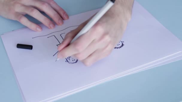 Person Draw Hearts Stick Figure Family Holding Together White Paper — Stock Video