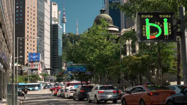Autos Dichten Verkehr Der Altstadt Von Seoul Mit Blick Auf — Stockvideo