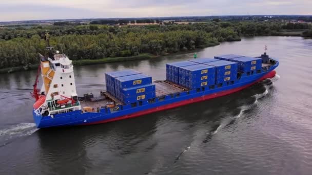 Blue Tailwind Panda Container Ship Crossing Peacefully Oude Maas River — Vídeos de Stock