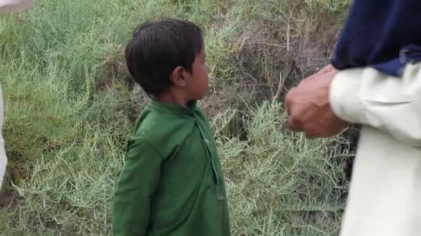Молодой Пакистанский Ребенок Пижаме Зеленый Курта Стоит Лагере Помощи Пострадавшим — стоковое видео