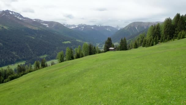 今年春天 空中无人机镜头在高山草甸上空倒转 背景是一座瑞士高山原木小屋和一片绿色的针叶树和群山 瑞士达沃斯 — 图库视频影像