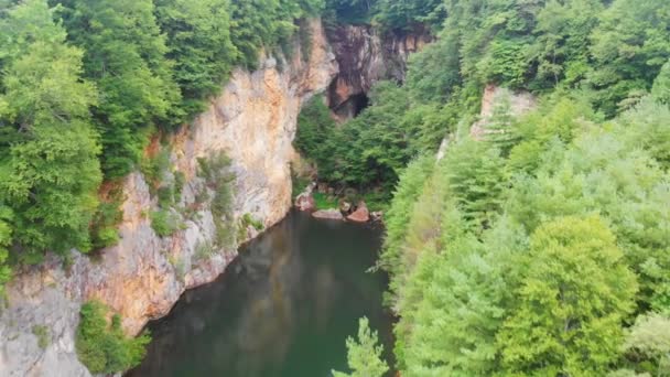 Drone Video Rock Cliff Junto Burnett Branch Pond Emerald Village — Vídeos de Stock