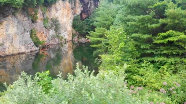 Drohnenvideo Vom Schönen Bergteich Umgeben Von Bäumen Smaragdgrünen Dorf Nahe — Stockvideo