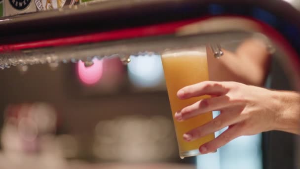 Barista Versando Birra Rubinetto Schiumosa Schooner Vetro Bar Rallentamento — Video Stock