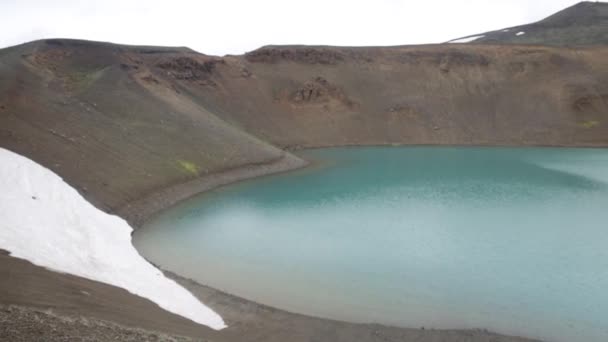 Vulcano Krafla Lago Blu Islanda Con Video Panoramica Sinistra Destra — Video Stock