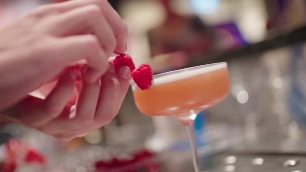 Close Barkeeper Hands Platzieren Roter Himbeer Garnitur Auf Orangencocktail Zeitlupe — Stockvideo