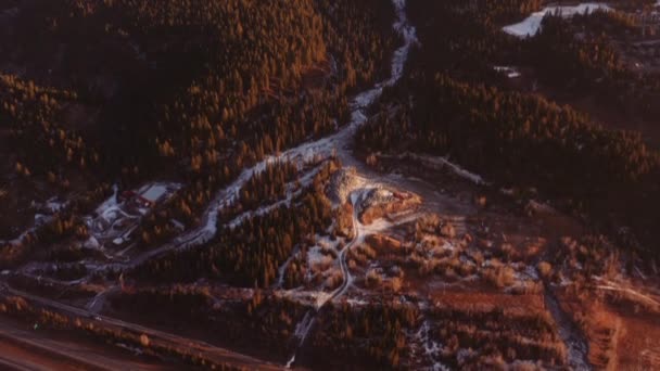 Crane Highway Mountain Range Golden Light Beaming Forest Drone Aerial — Stock Video