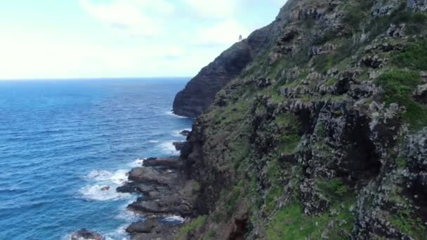 Niesamowite Widoki Wybrzeże Czarnych Wulkanicznych Klifów Morskich Latarni Morskiej Makapu — Wideo stockowe