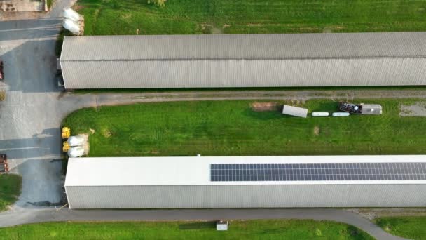 鶏の家の鶏小屋緑の再生可能エネルギーのための屋上太陽光パネル付きの納屋 空中風景 — ストック動画