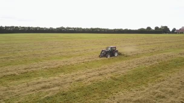 Vzdušný Letoun Pohled Traktor Táhnoucí Rotační Hráze Tedding Seno — Stock video