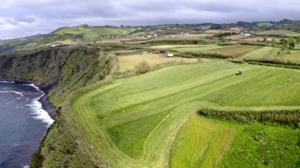 Traktor Yang Bekerja Ladang Pertanian Pinggiran Pantai Azores Udara — Stok Video