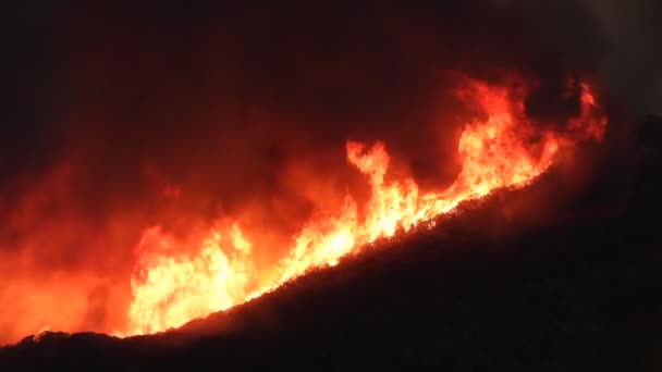 Wind Nährt Das Feuer Während Riesige Flammen Den Hügel Hinaufschießen — Stockvideo